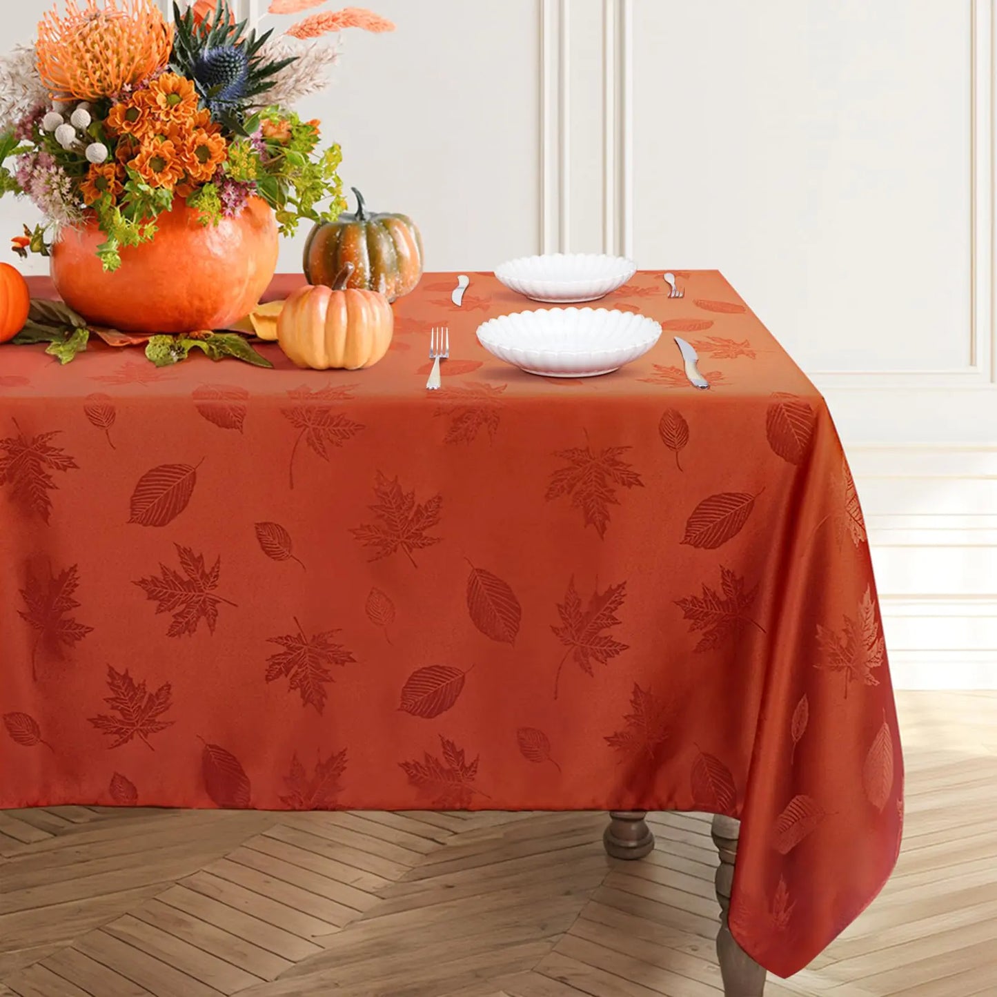 Babenest Fall Tablecloth Rectangle 60x104 Inch Autumn Maple Leaves Jacquard Wrinkle Resistant Table Cloth Polyester Fabric Table Cover for Thanksgiving Harvest Party Dining Wedding (Burnt Orange)