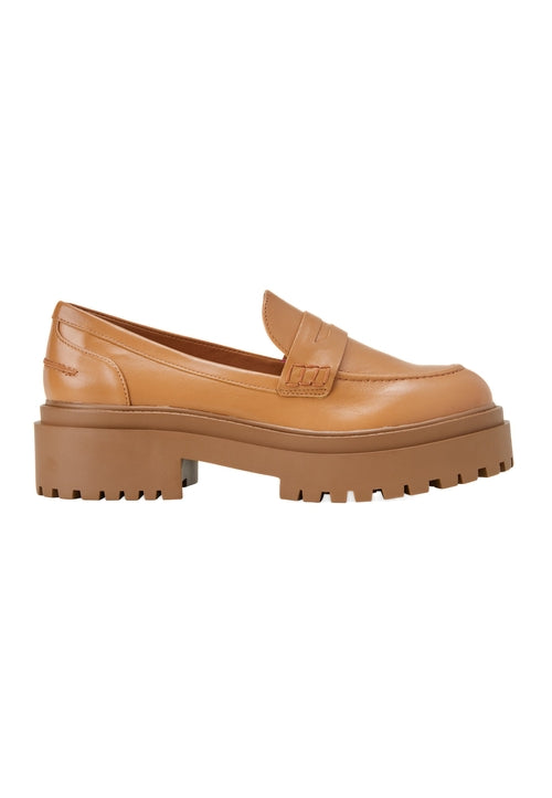 Women’s Brown Leather Loafers – Chunky Block Sole Design