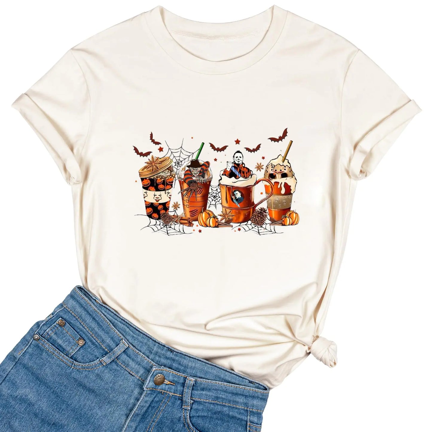 Ykomow Pumpkin Spice Coffee Latte T Shirt Womens Fall Autumn Thanksgiving Graphic Tees (D-Cream XL)