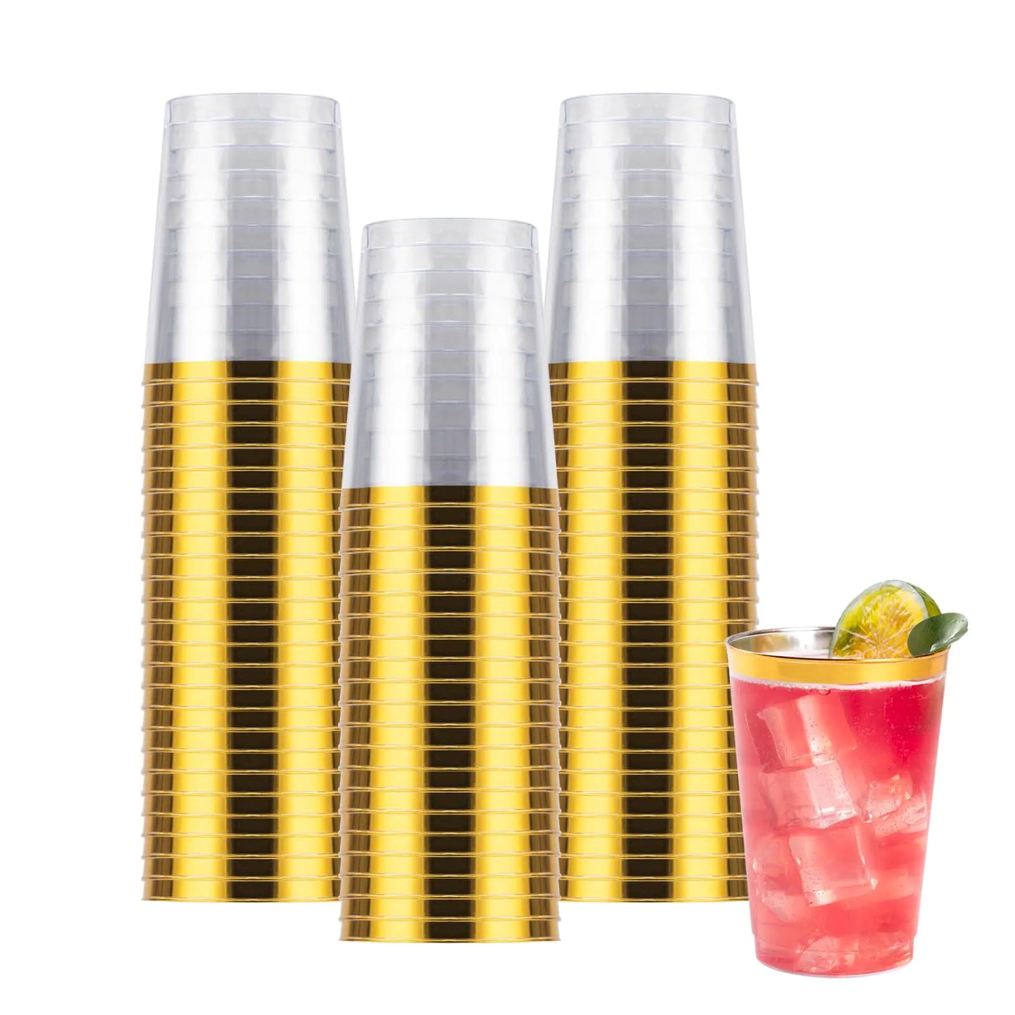 Goodluck 50PCS 10oz Gold Plastic Cups for Party Disposable Gold Rim Cups Plastic Cocktail Glasses for Wedding Thanksgiving Christmas and Parties