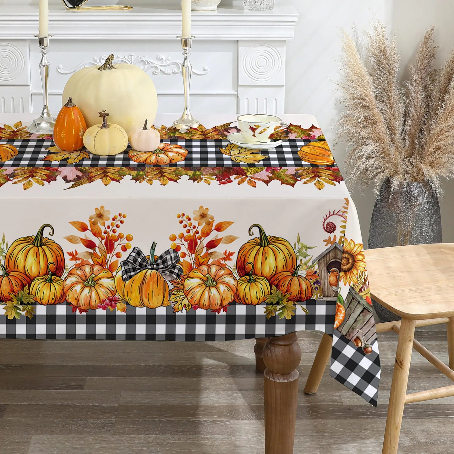 cusugbaso Fall Tablecloth 52x70 Inches Farmhouse Pumpkins Fall Decor Water Resistant Black Plaid Thanksgiving Table Cloth Rectangle for Party Dinner