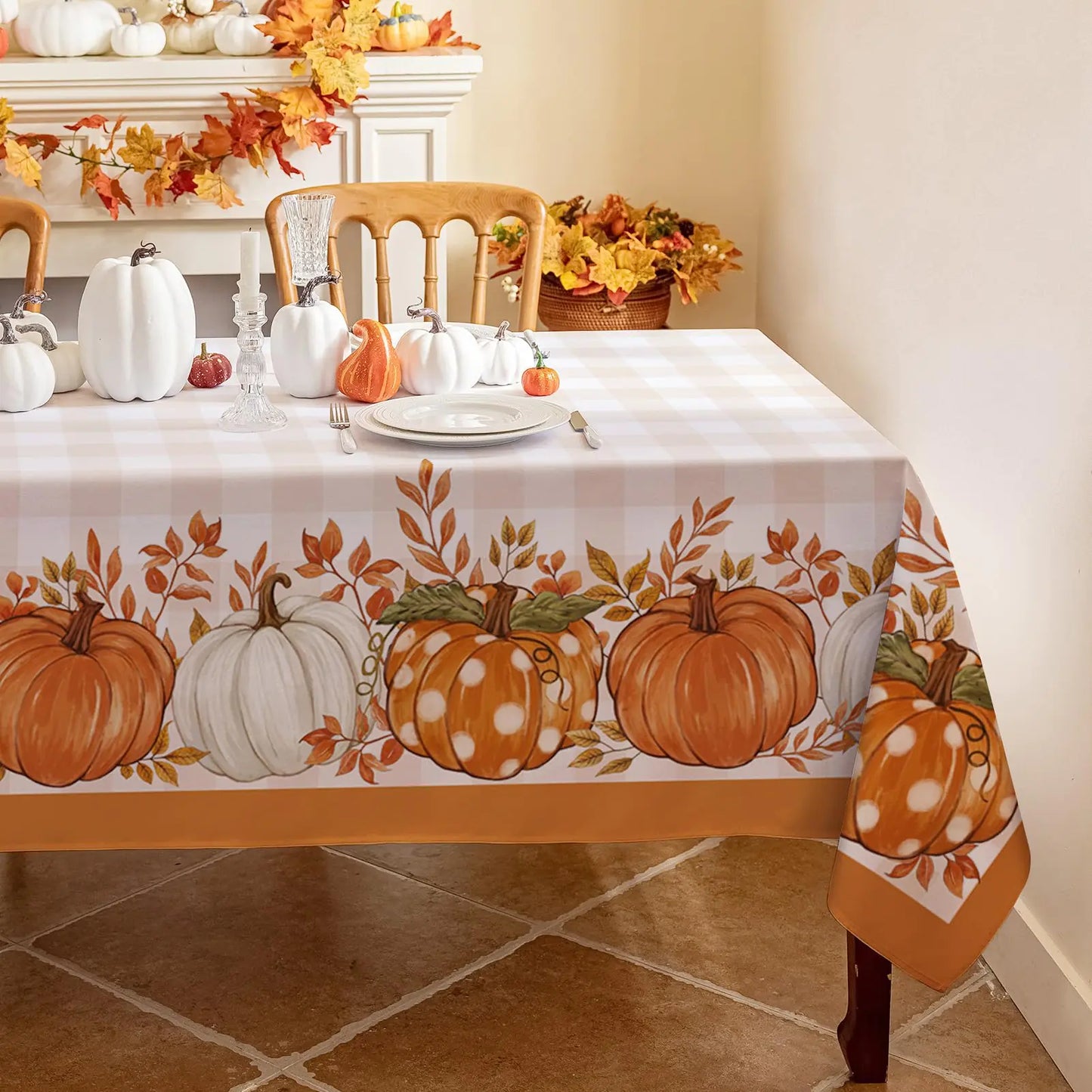Romanstile Fall Tablecloth Rectangle Thanksgiving Autumn Harvest Pumpkin Buffalo Plaid Table Cloth Stain Resistant Washable Table Cover for Party/Dining/Holiday- Orange Checkered 60x 84 Inch