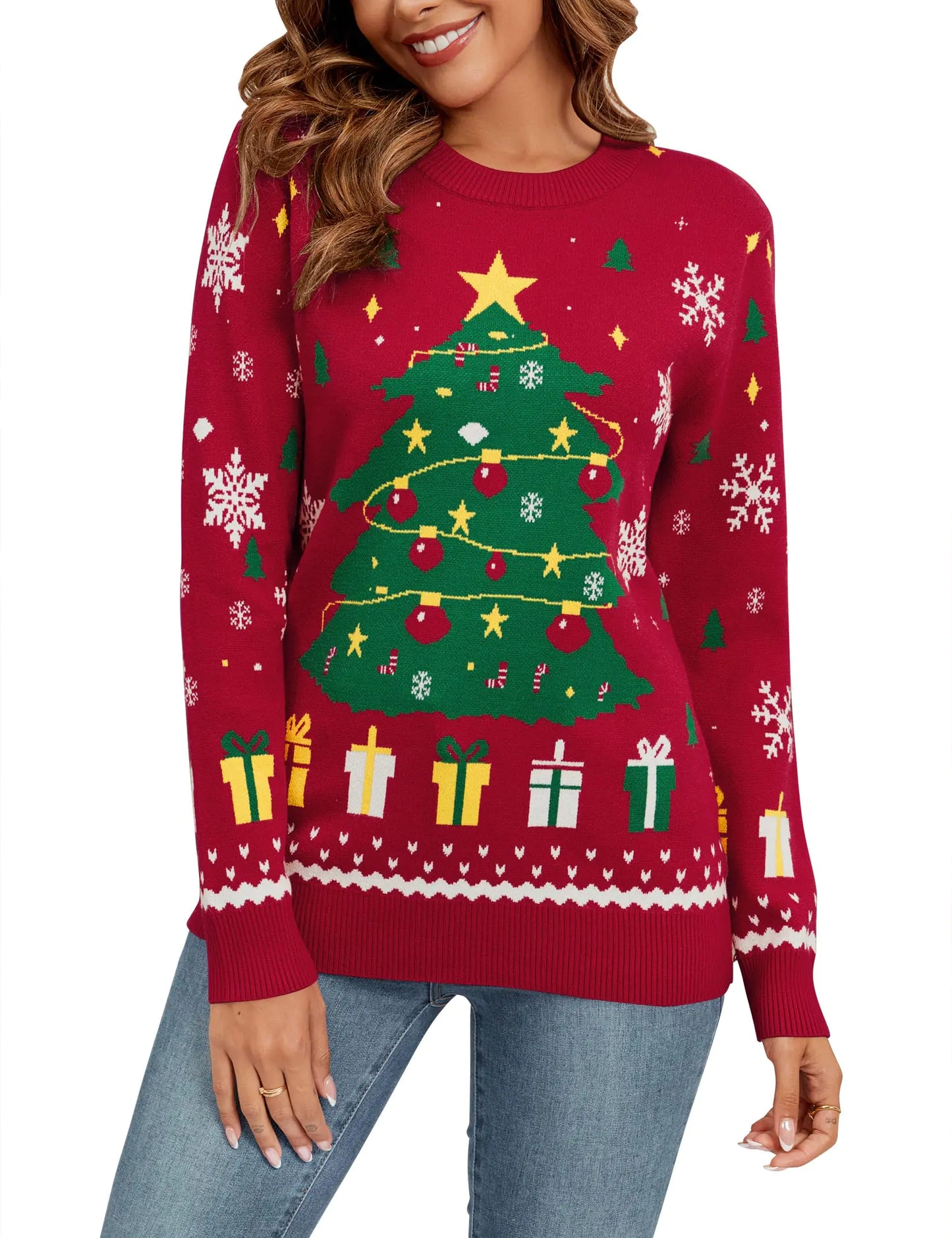 Ugly Christmas Sweaters for Women 2024 Trendy Christmas Tree Sweater Funny Christmas Sweater Long Sleeve Santa Holiday Vacation Sweaters Fall Red Sweater