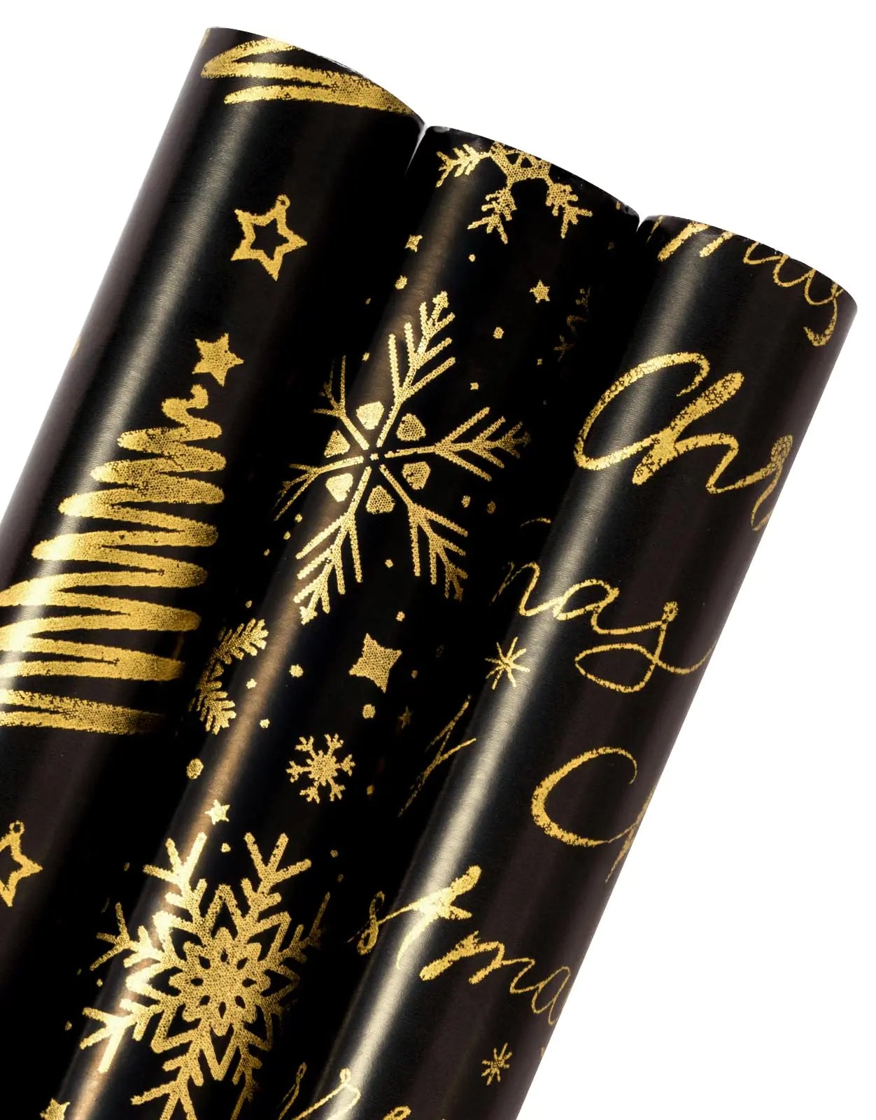 WRAPAHOLIC Foil Black Gold Christmas Wrapping Paper Roll - Mini Roll - 3 Rolls - 17 Inch x 120 Inch Per roll - Snowflake Christmas Tree Merry Christmas Design for Christmas Holiday Party