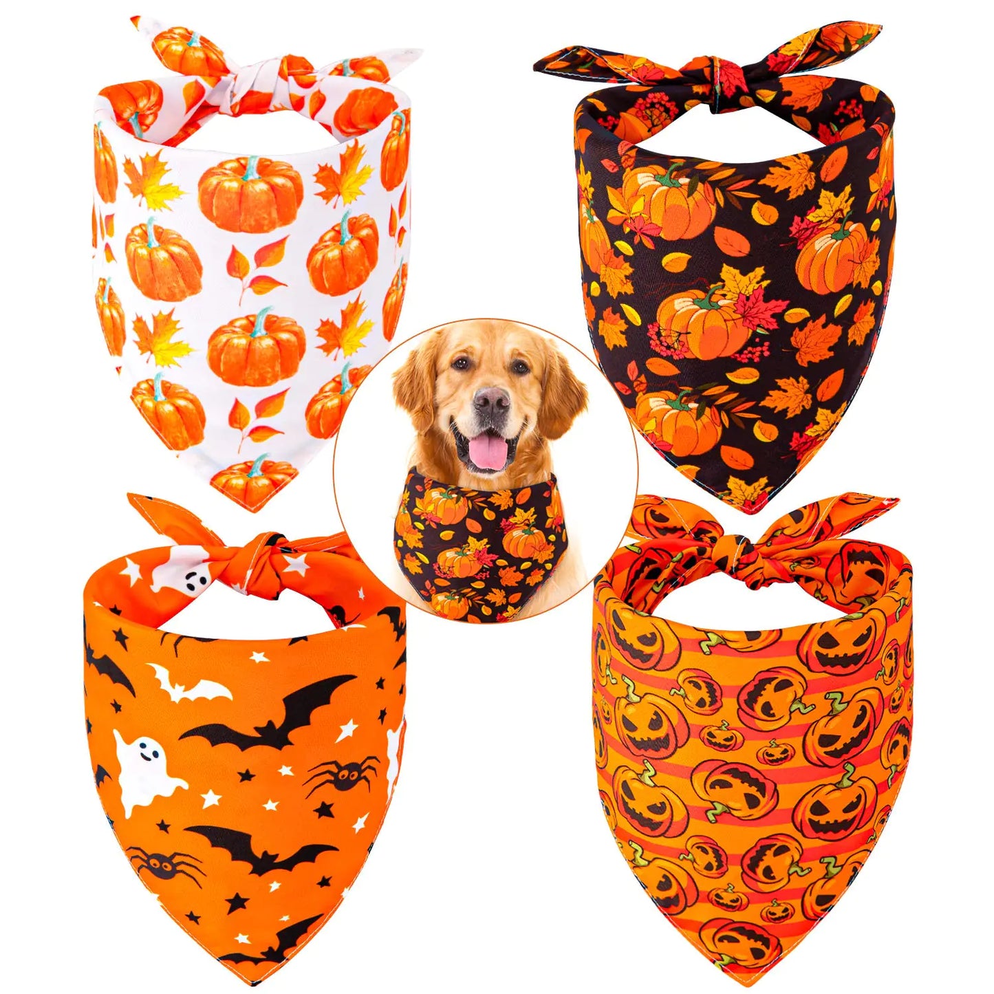 Whaline 4 Pack Fall Dog Bandanas Reversible Halloween Triangle Bibs Pumpkin Ghost Bat Pet Scarf Thanksgiving Washable Cotton Pet Neckerchief for Medium Large Pets Cats Dogs