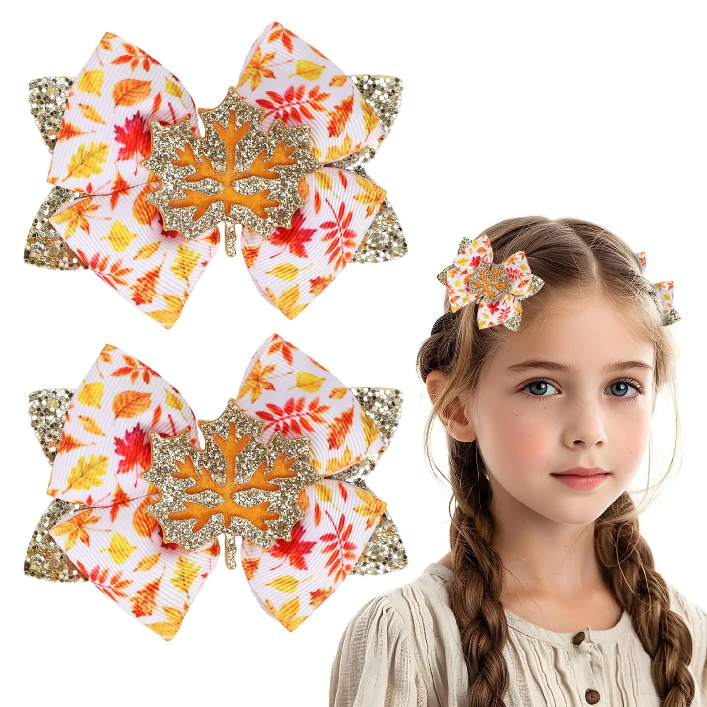 Fall Hair Clips Maple Leaf Bow Hair Clips Sliver Glitter Bowknot Design Autumn Alligator Hair Clip Hair Barrettes for Women Girls Babies Toddlers Thanksgiving Hair Accessories