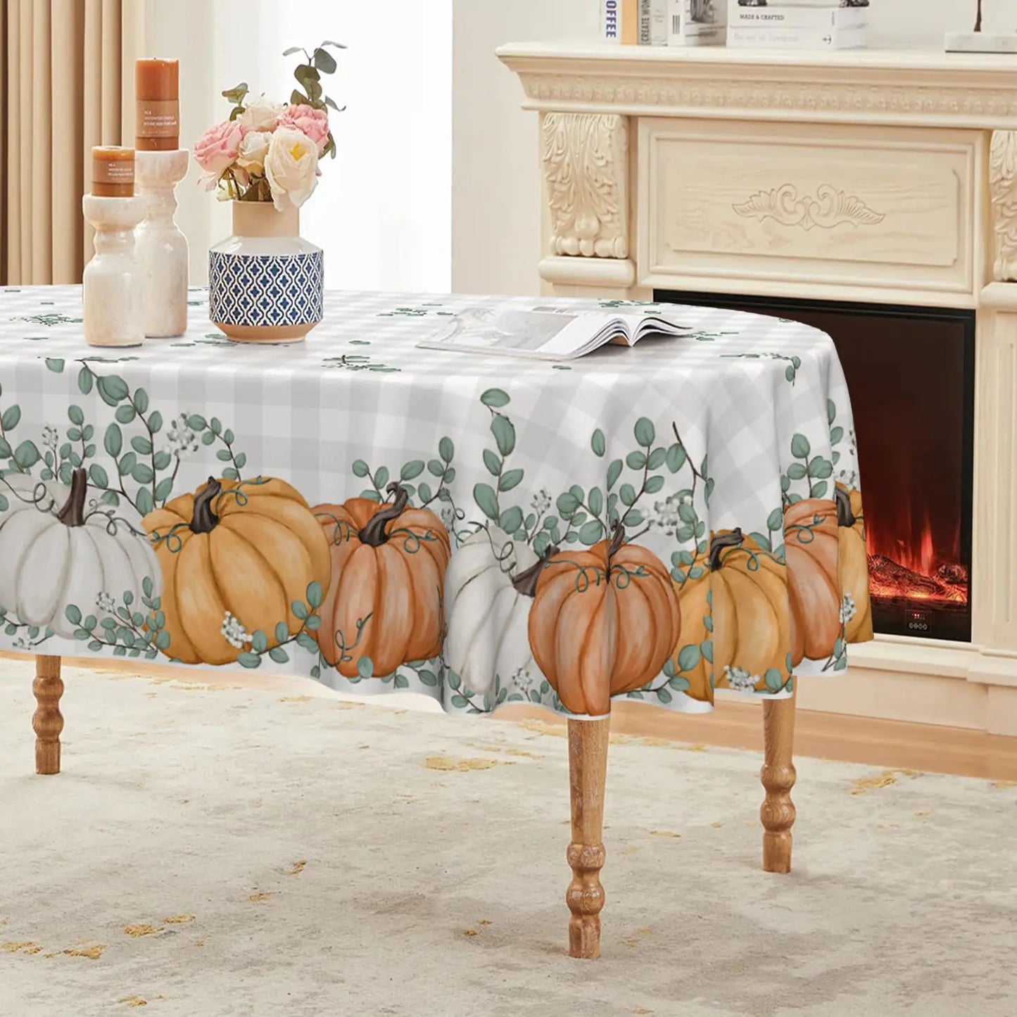 Horaldaily Fall Tablecloth 50×70 Inch Oval Thanksgiving Autumn Harvest Orange Pumpkin Buffalo Plaid Washable Table Cover for Party Picnic Dinner Decor