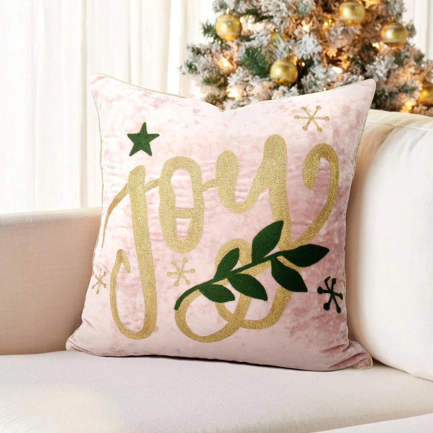 LOOPUINHOM Joy Christmas Pillow Covers 18x18Embroidered Christmas Throw Pillow Covers Christmas Decorations Holiday Pillows for Home CouchPink Blush Gold Velvet Cushion