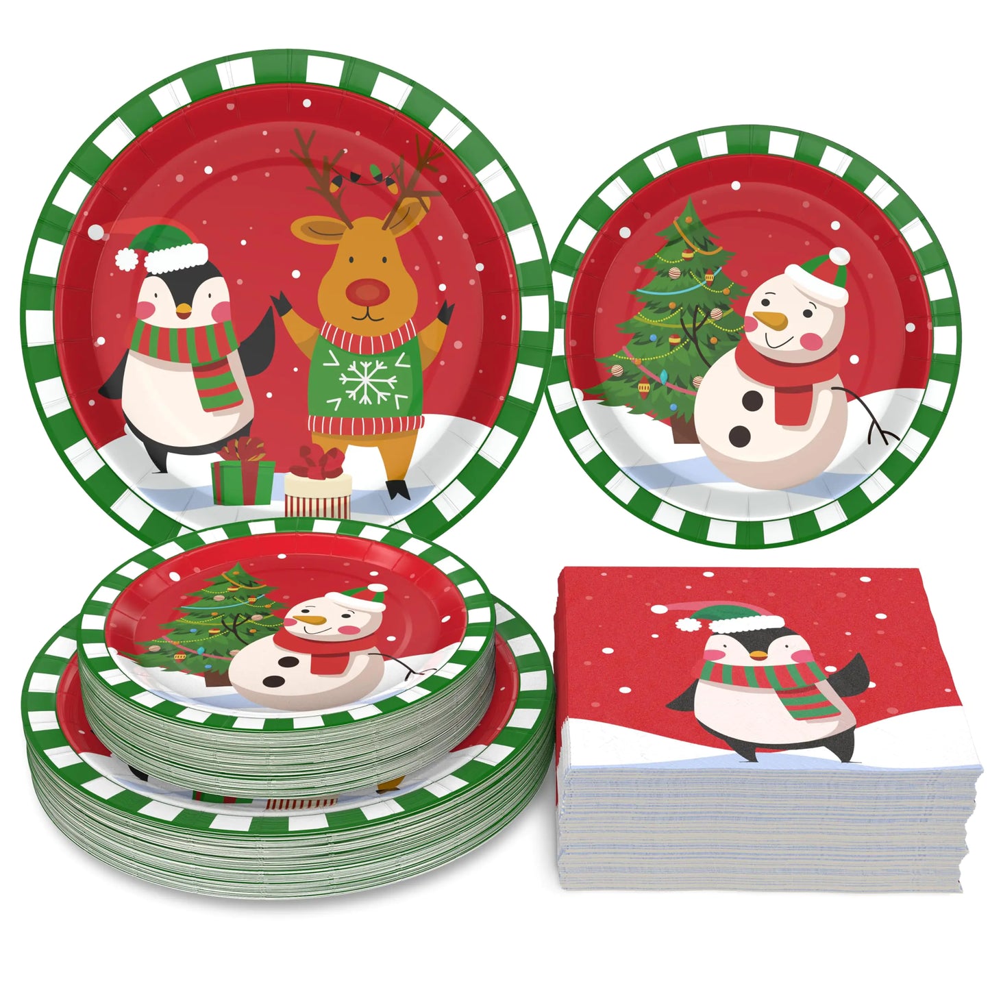 Homlouue 200 PCS Christmas Paper Plates and Napkins Cartoon Red Truck Christmas Tree Disposable Dinnerware Set Red Plaid Paper Plates Christmas Party Supplies for Holiday Christmas Party Serves 50