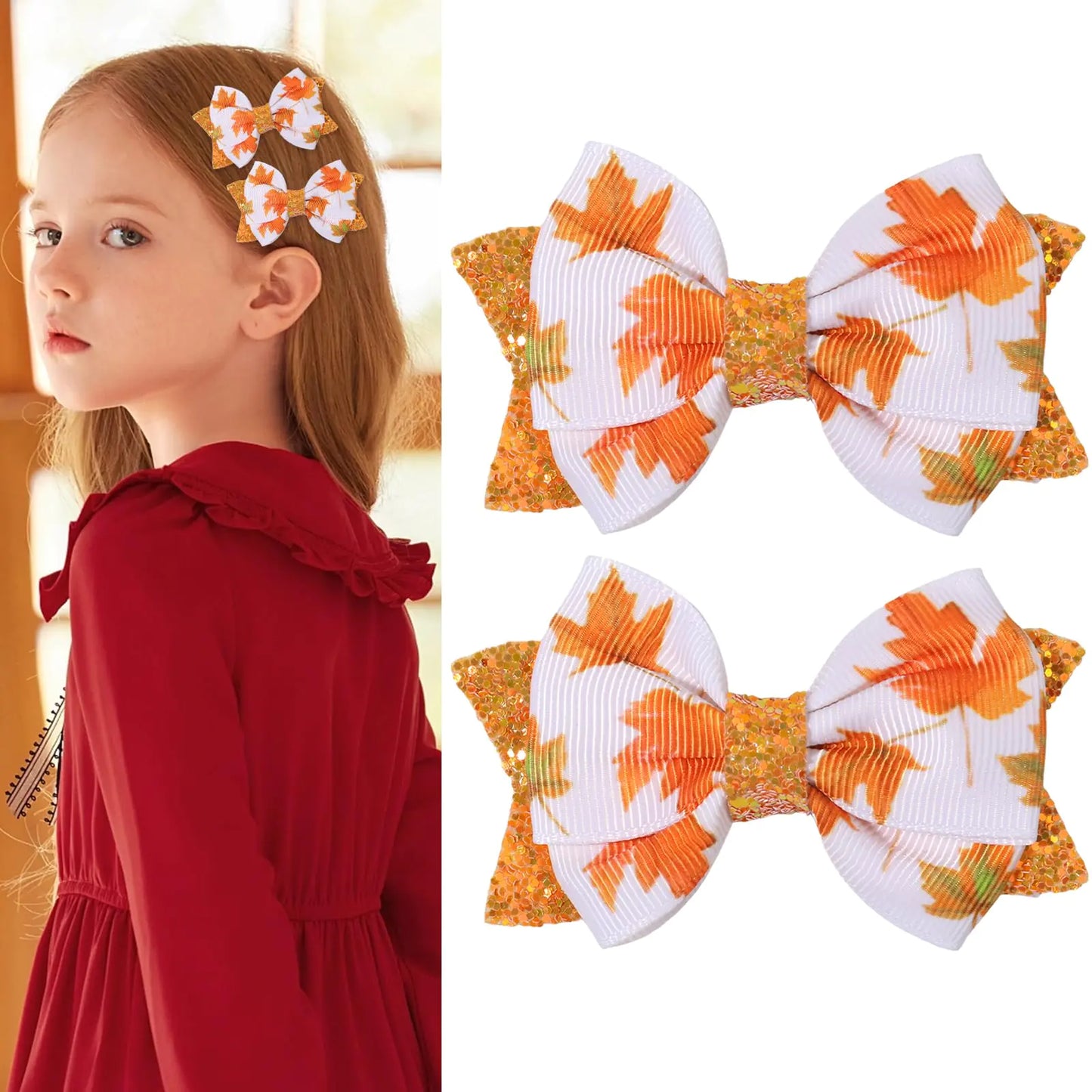 Xepeelo Thanksgiving Bow Hair Clips Maple Print Bow Clips Fall Maple Hair Bow Clips Sliver Glitter Bow Alligator Clip Design Cute Fall Leaf Hairgrips for Festival Party Hair Accessories (Maple)