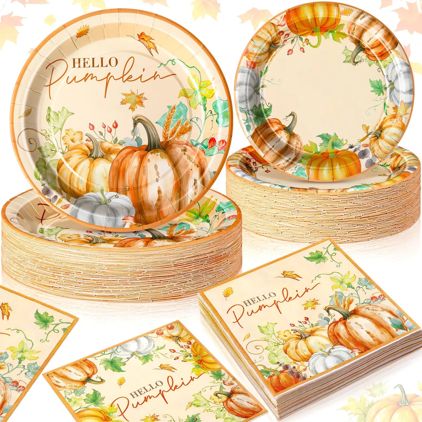 Potchen 180 Pcs Hello Pumpkin Fall Thanksgiving Party Decorations Serve 60 Guest 7 and 9 Party Plates and Napkins Party Supplies Tableware Set for Autumn Birthday Party
