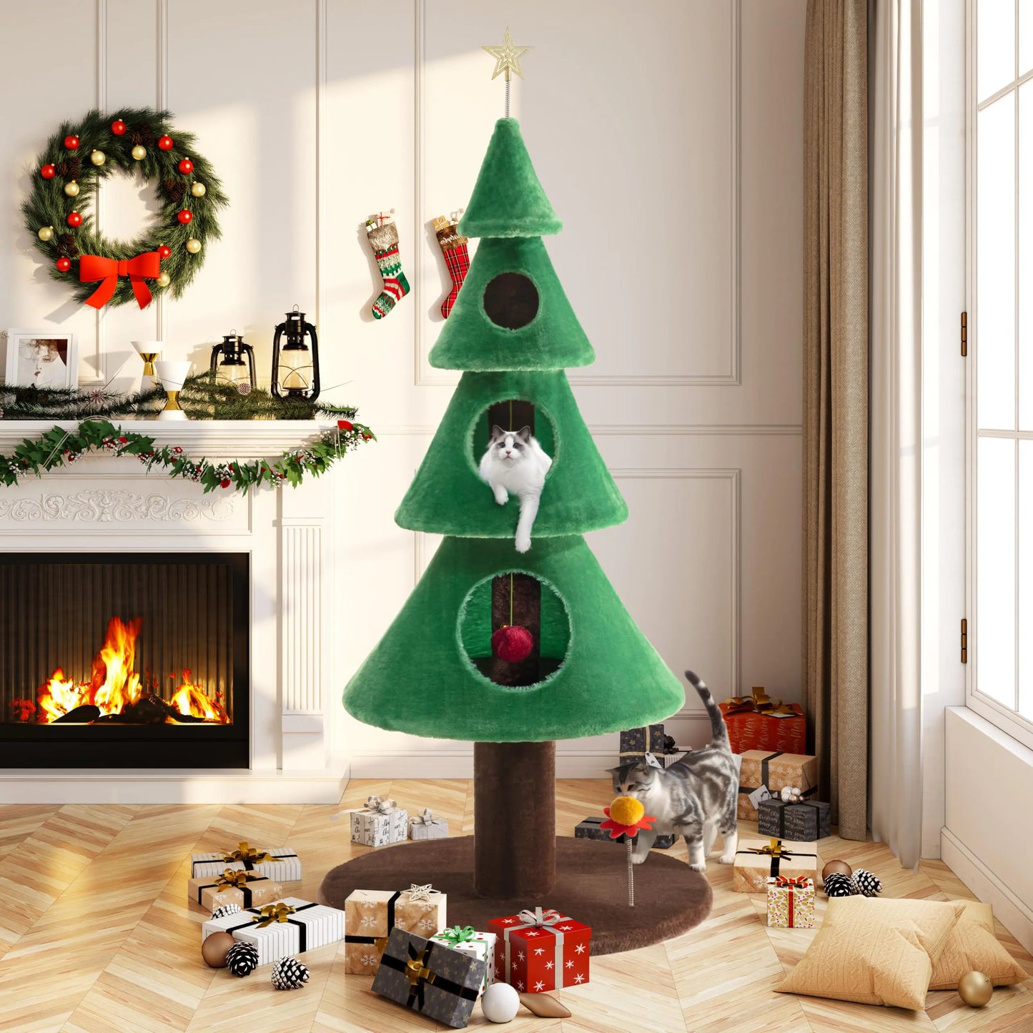 Allewie 63 Inches Cat Tree for Indoor Cat/Cat Tower with 3 Condos/ 5ft Cat Christmas Tree Party Decoration/Cat Activity Center Play House and Beds/Green