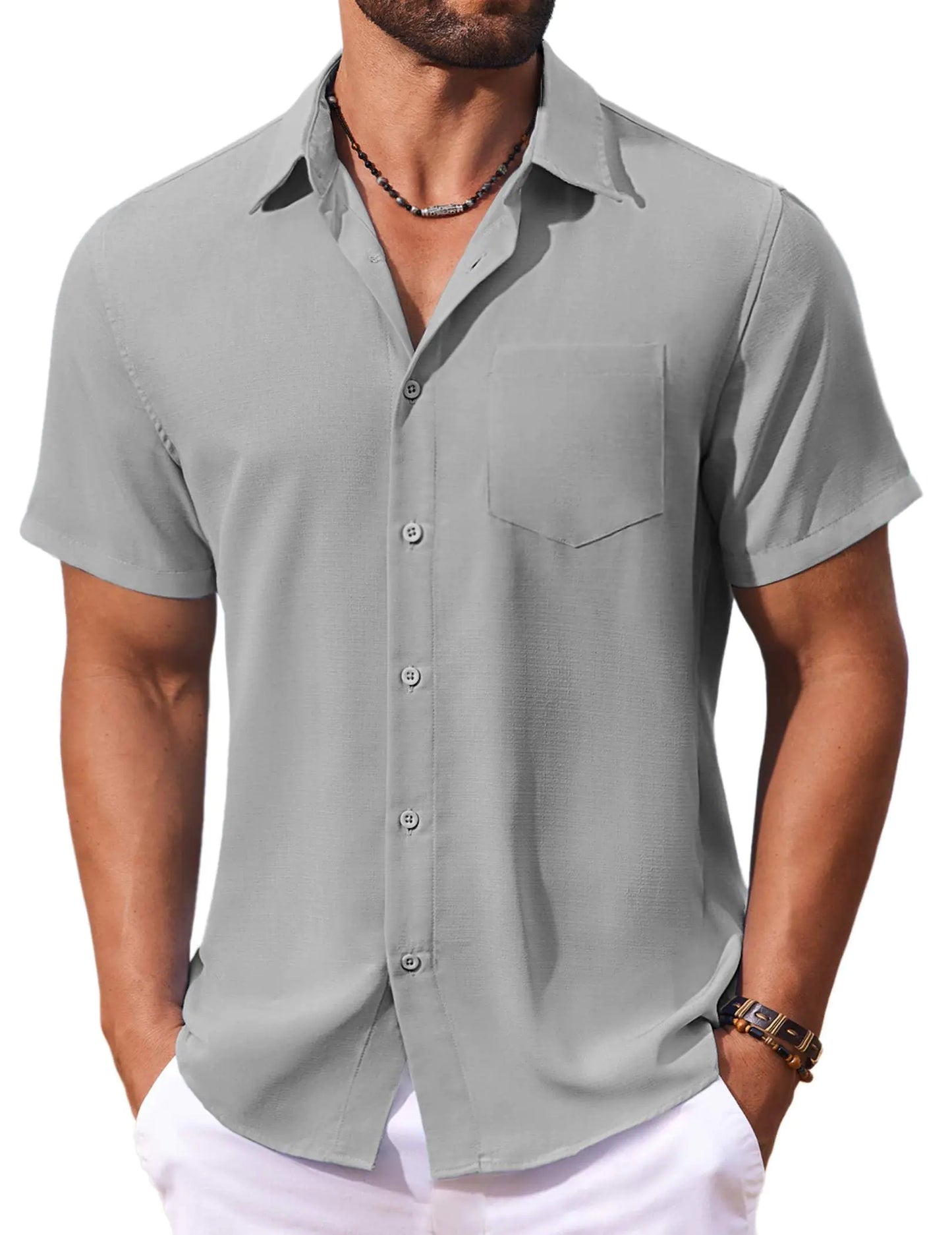 COOFANDY Mens Linen Shirt Short Sleeve Button Down Men Summer Beach Shirt Casual Shirt Light Grey