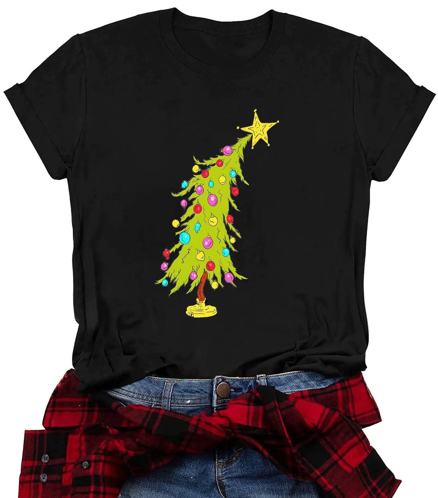 Christmas Shirts for Women Christmas Tree Shirt Merry Christmas T-Shirts Xmas Holiday Short Sleeve Tee Tops A-Black