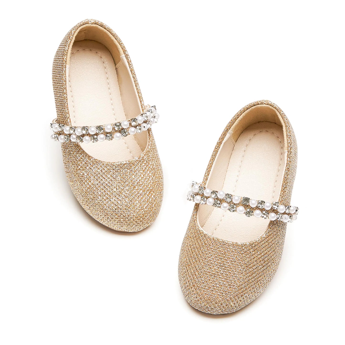 PHIRAMIN Toddler Flower Girl Glitter Gold Dress Shoes - Little Girl Ballet Flats Size 9 Sparkly Pearl Wedding