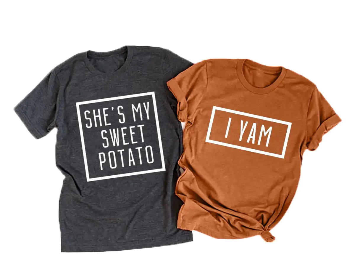 Shes My Sweet Potato I Yam Shirt Thanksgiving Matching Couples Shirt for Husband and Wife Casual Short Sleeve Tops (L Women Brown)