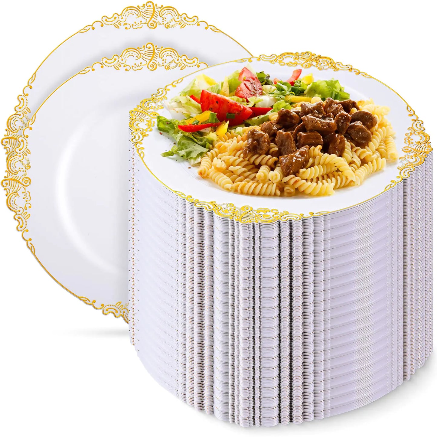 Shellwei 200 Pcs Plastic Plates Plastic Dinner Plates With Rim for Weddings Upscale Parties Thanksgiving Tableware(Gold 7.5 Inch)