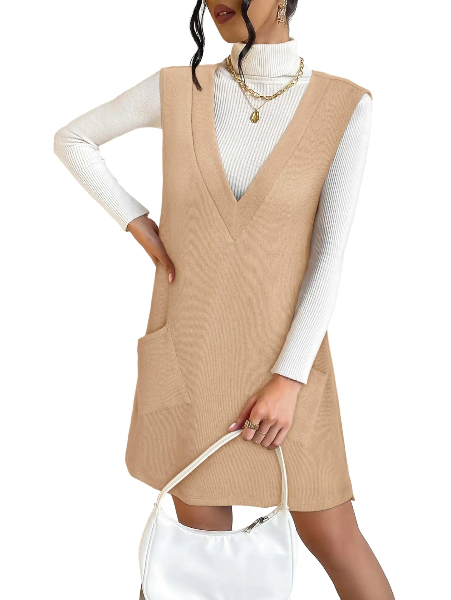 VETIOR Winter Thanksgiving Dresses 2024 Overall Pinafore Casual Sweater Winter Christmas Vest Short Sweater Dress Khaki L