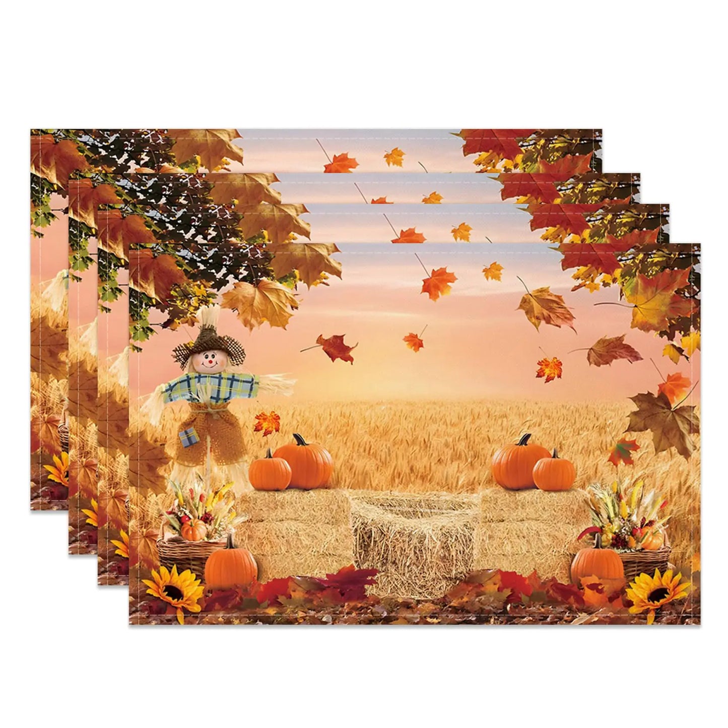Autumn Thanksgiving Day Placemats Set of 4 12x18 Inch Scarecrow Pumpkin Maple Leaves Sunflower Wheat Field Table Place Mats for Kitchen Dining Room Fall Harvest Thanksgiving Party Decoration