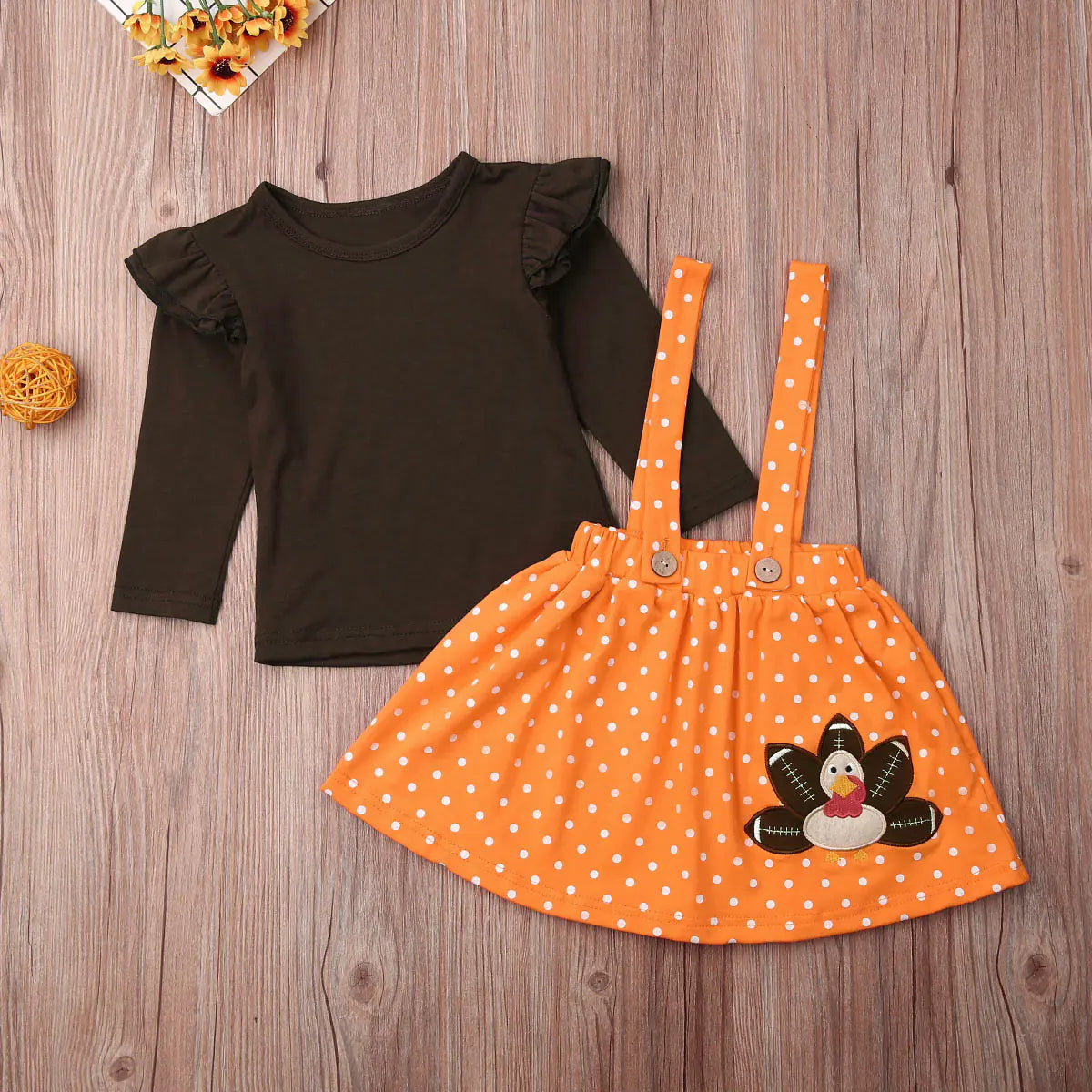 Thanksgiving Toddler Dress Set with Embroidered Turkey