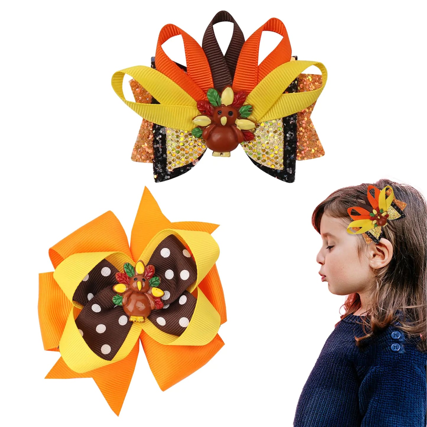 Thanksgiving Hair Bows for Toddler Baby Girls - 2Pcs Orange Yellow Brown Autumn Bow Hair Clips Alligator Hair Barrettes Cute Turkey Grosgrain Hairpin Thanksgiving Hair Accessories for Kids Girls Gifts