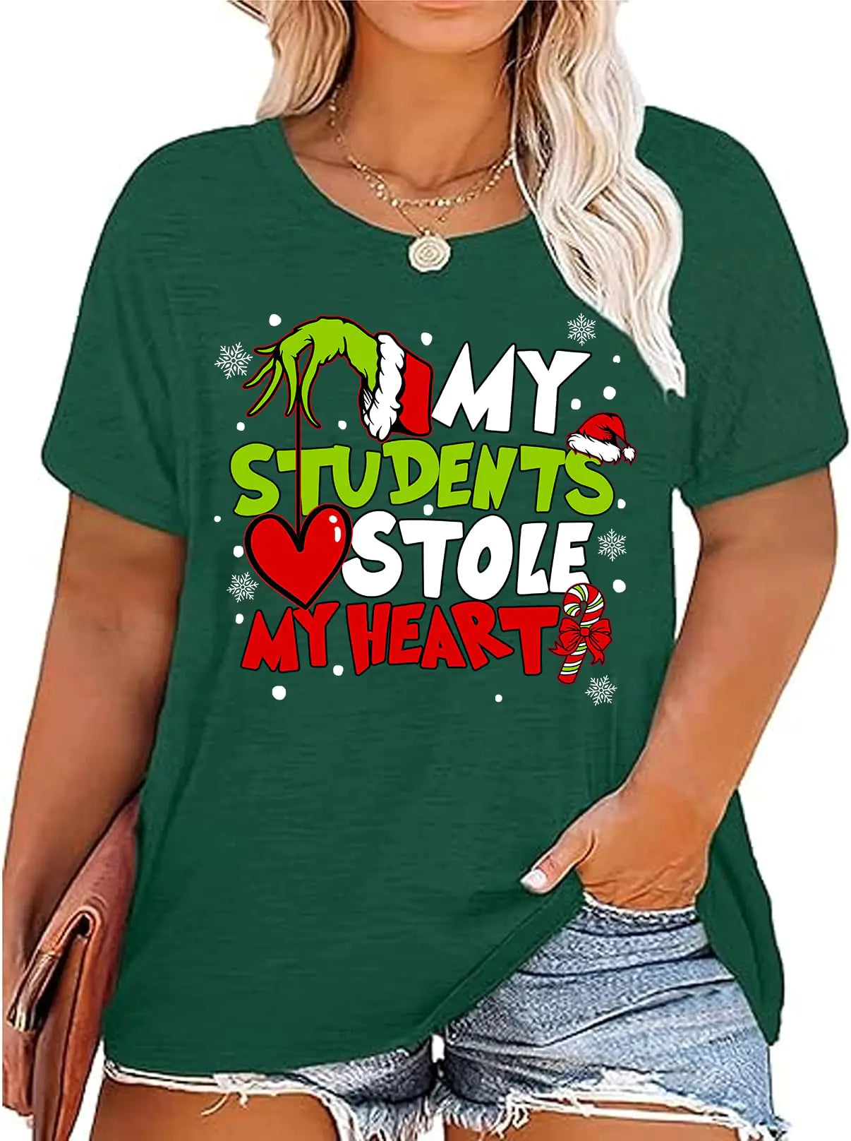 AMWIPE Plus Size Christmas Shirts for Women My Students Stole My Heart Christmas Tshirt Funny Merry Christmas Graphic Tee Top