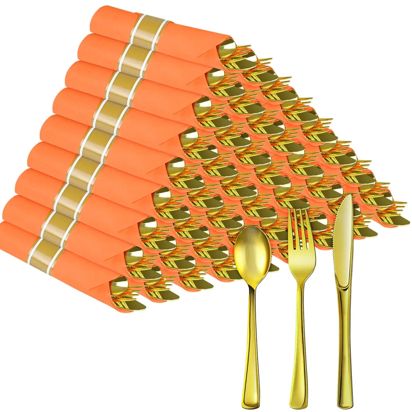 Pre Rolled Gold Plastic Silverware with Orange Napkins 60Pack Thanksgiving Cutlery with Orange Dinner Napkins Heavy Duty Rolled Plastic Silverware Rolled Cutlery with Fall Napkins for Thanksgiving