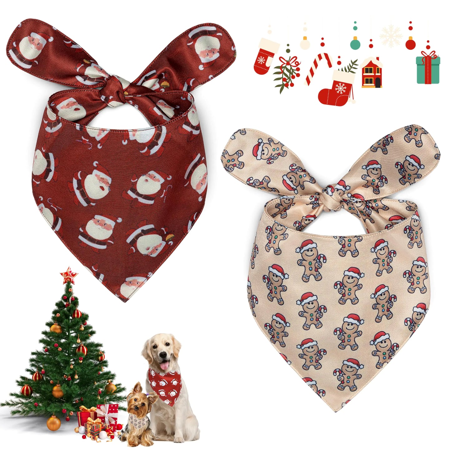ZALBYUY Christmas Dog Bandanas 2 Packs Christmas Santa Claus and Gingerbread Man Element for Dogs Soft and Breathable Dogs Scarf Full of Chirstmas Patterns Merry Christmas Bandanas for Dogs