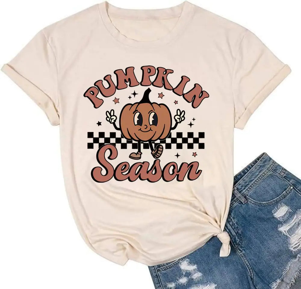 Fall Pumpkin Shirts Women Family Halloween Thanksgiving Tops Cute Autumn Thankful Pumpkin Fall Graphic Tees(Beige-5M)