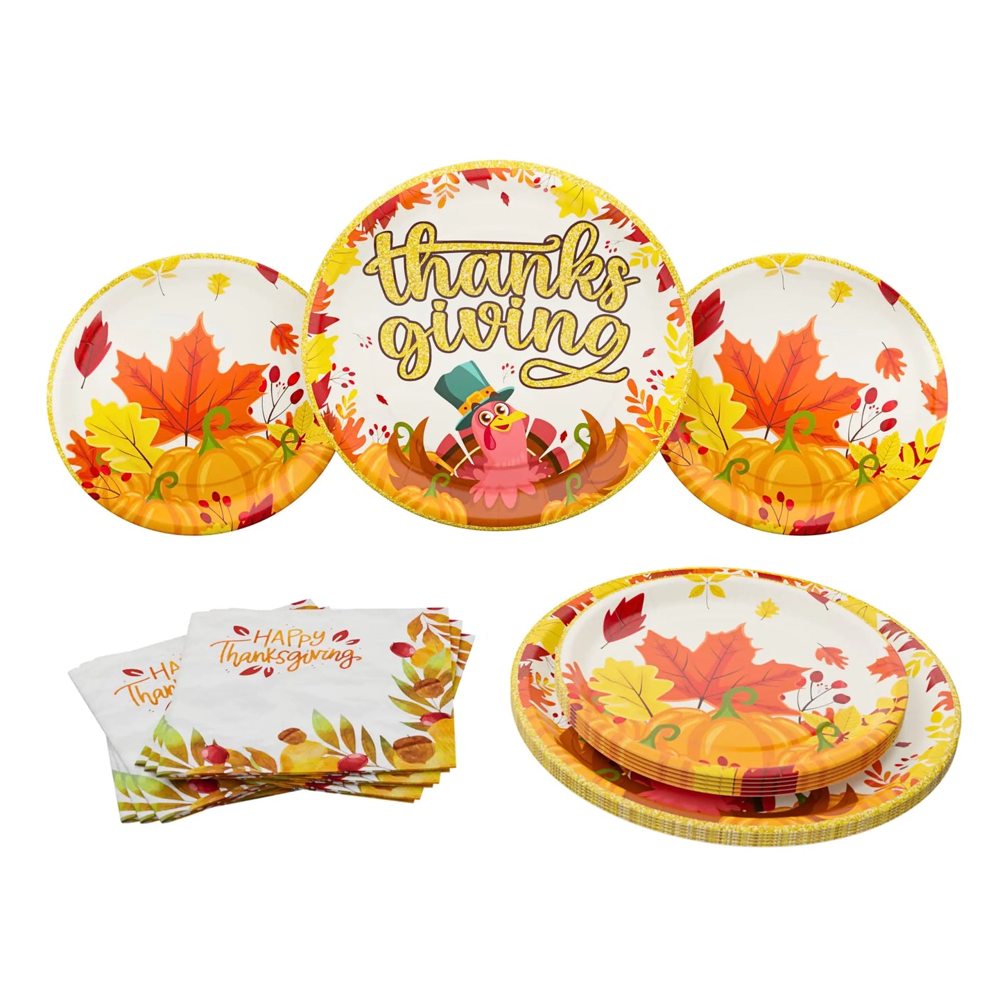 Thanksgiving Party Plates and Napkin (52 pieces for 16 guests) - Thanksgiving Party Supplies Thanksgiving Party Decorations Fall Theme Party Turkey Party Plates and Napkins Blue Orchards