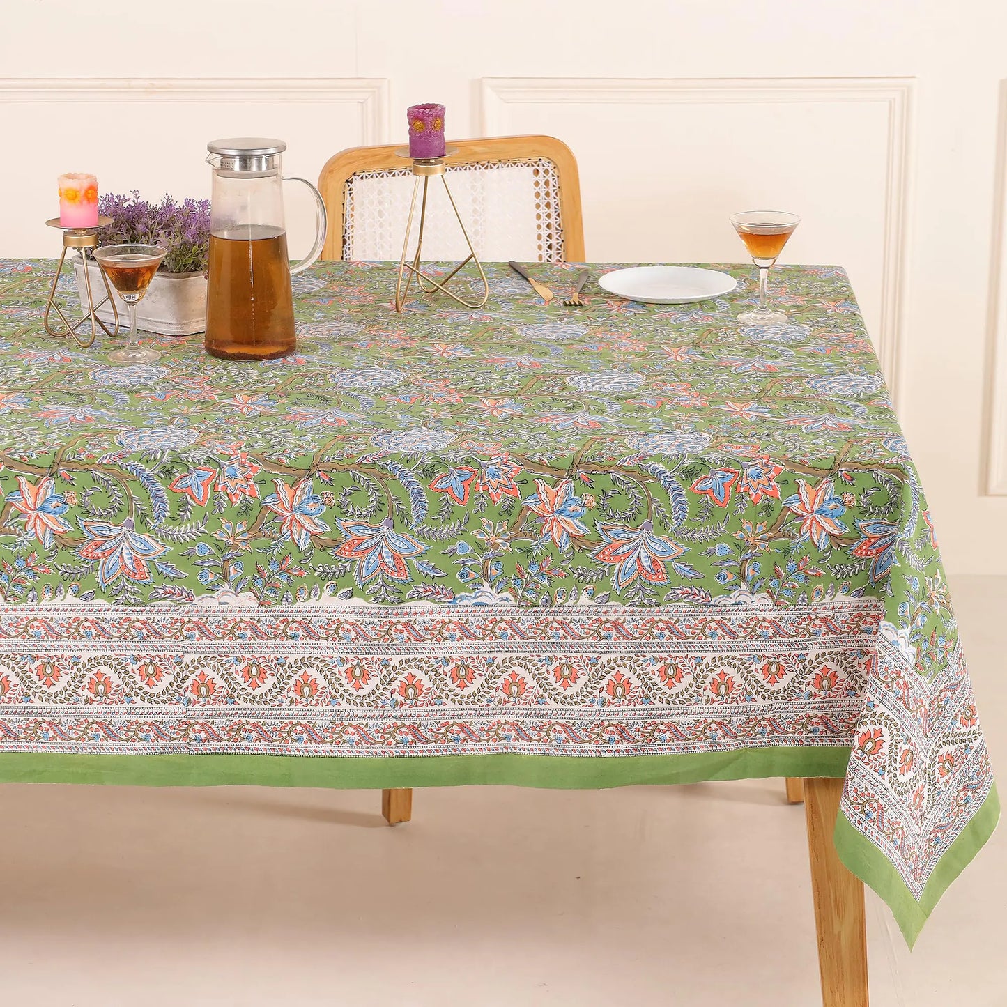 COTSILER Premium Handblock Printed Cotton Floral Tablecloth/Table Cover Rectangular Washable Pre-Washed Event Dining Thanksgiving (Green-D11 72x108 Inches)