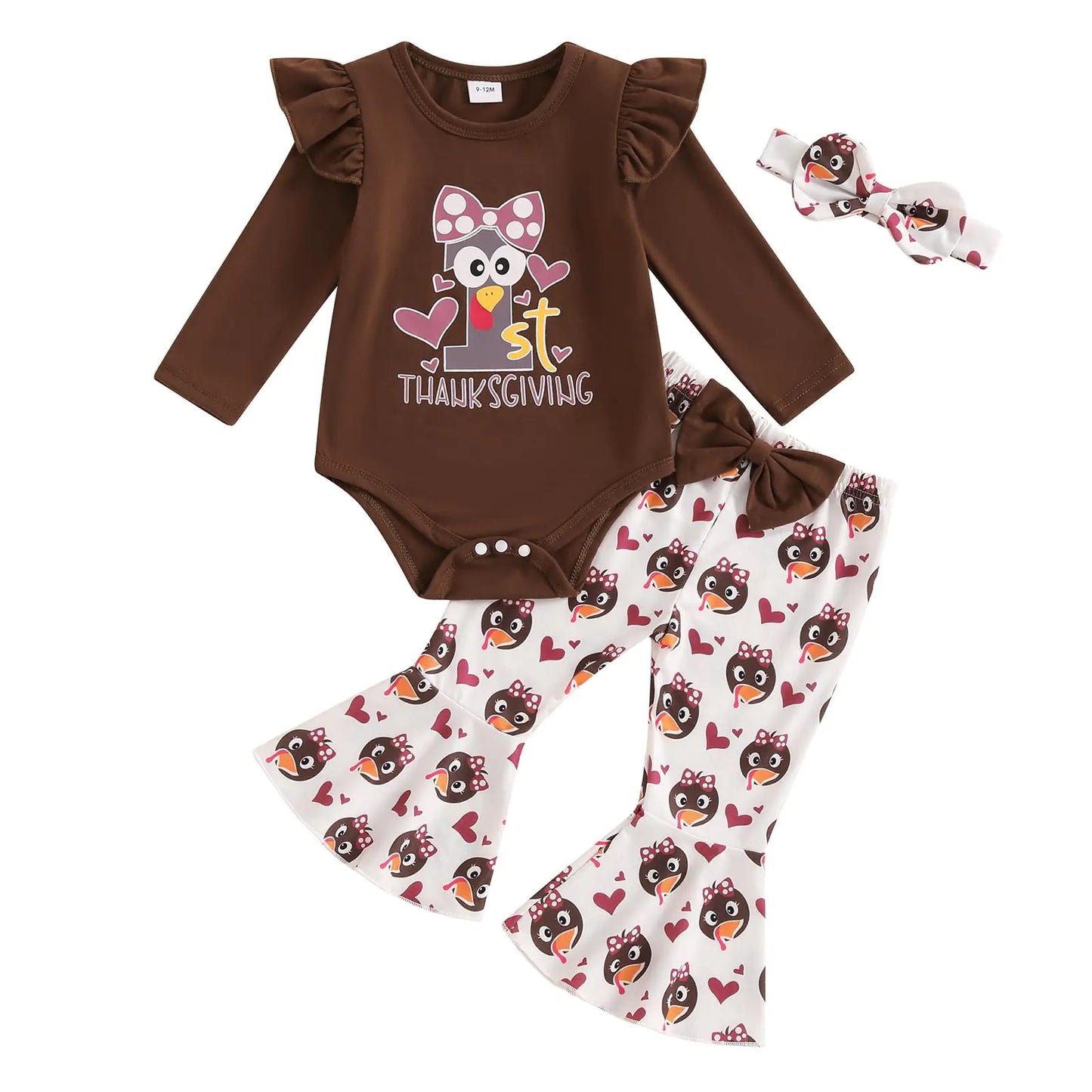 YINGISFITM Thansgiving Day Baby Girl Outfit Ruffle My First Thanksgiving Romper Onesie Shirt Bell Bottoms Turkey Clothes (My 1st Thanksgiving 12-18 Months)