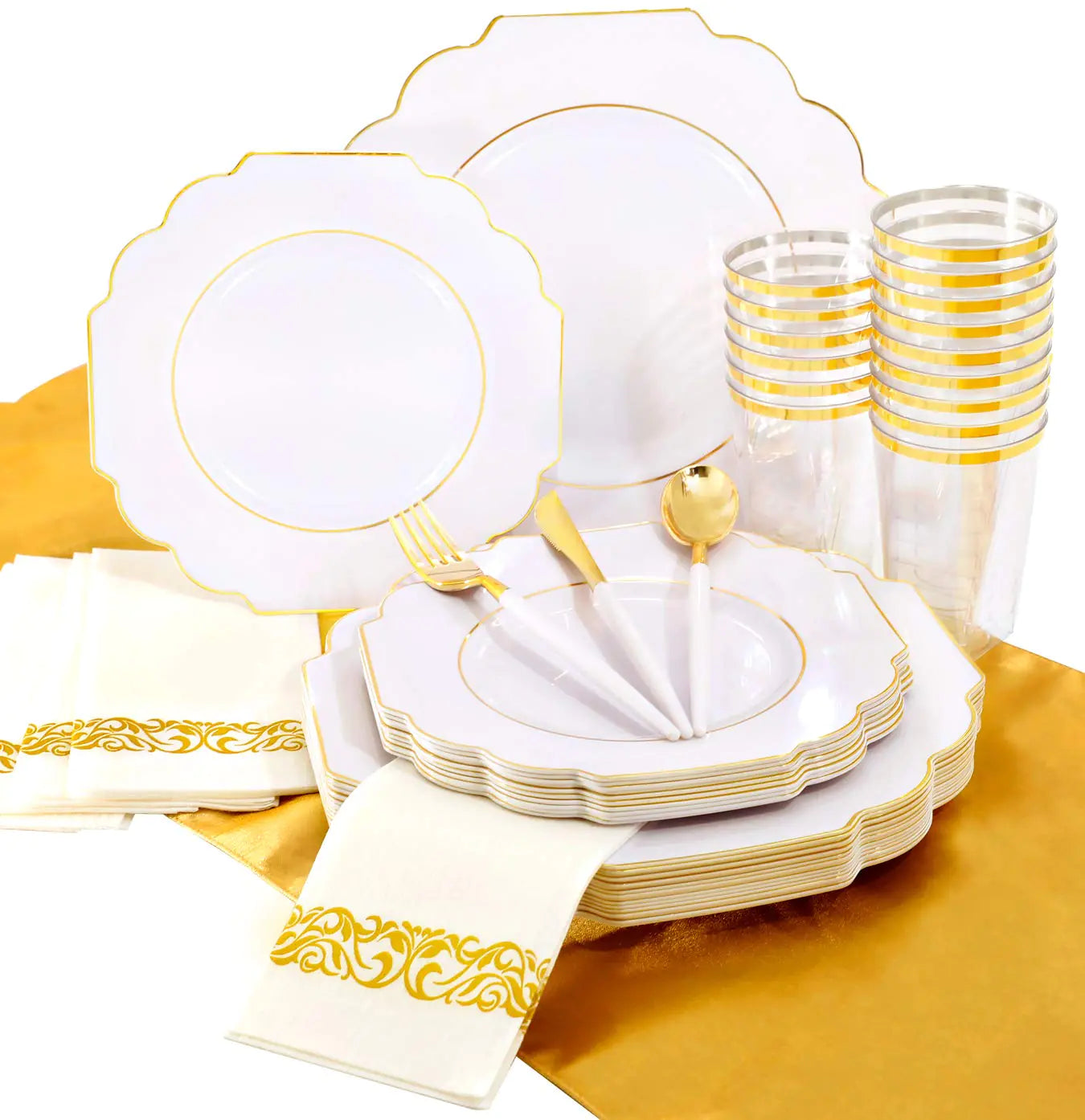 Nervure 140PCS Scalloped Gold Plastic Plates - Heavy Duty White Gold Plates - Heavyweight Square Plates Include 40Plates 20Cups 20Forks 20Knives 20Spoons 20Napkins for Thanksgiving & Party