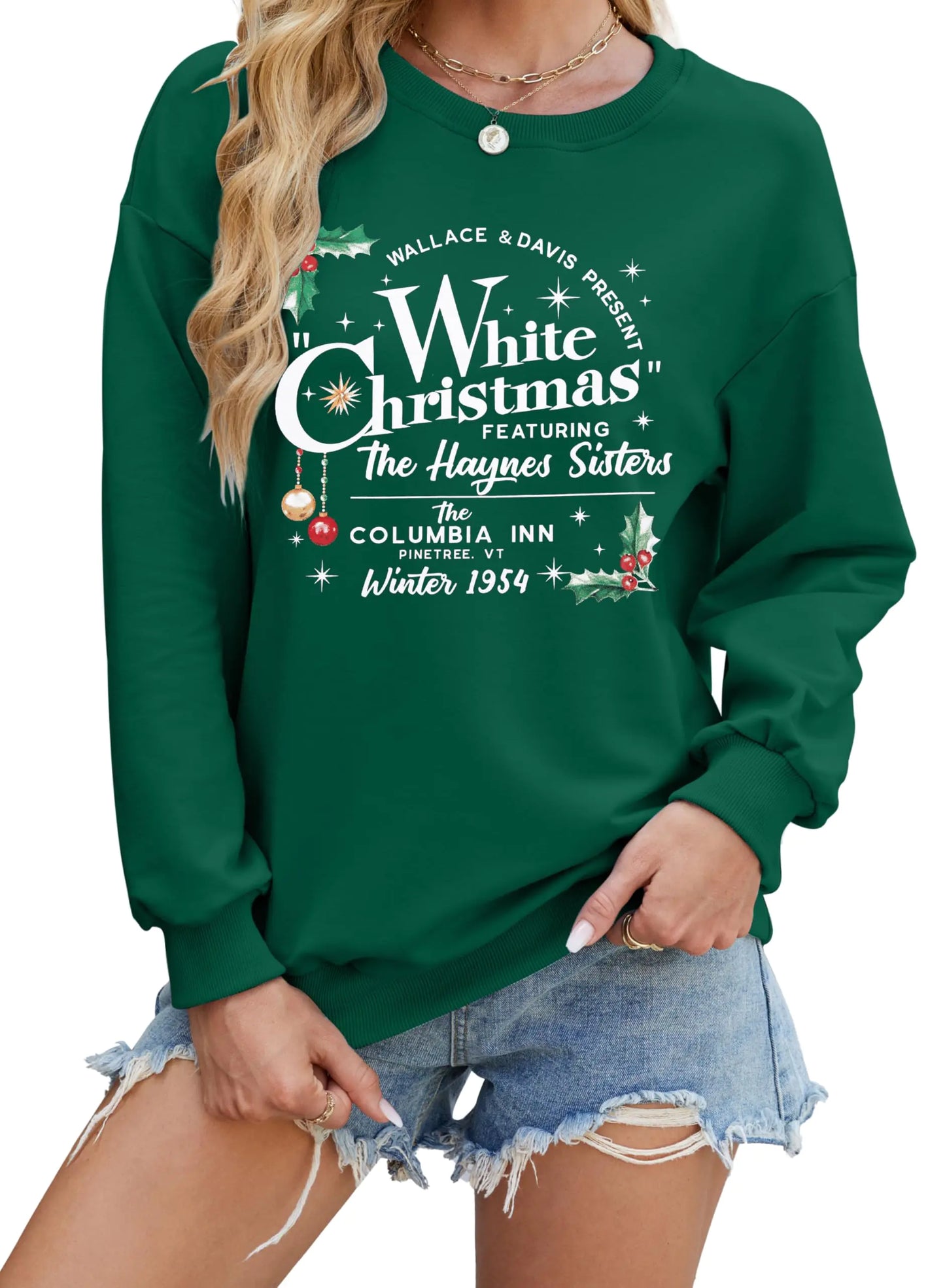 MYHALF Christmas Sweatshirts for Women 2024 Crewneck Christmas Trees Sweaters White Christmas Movie Shirts Xmas Holiday Tops