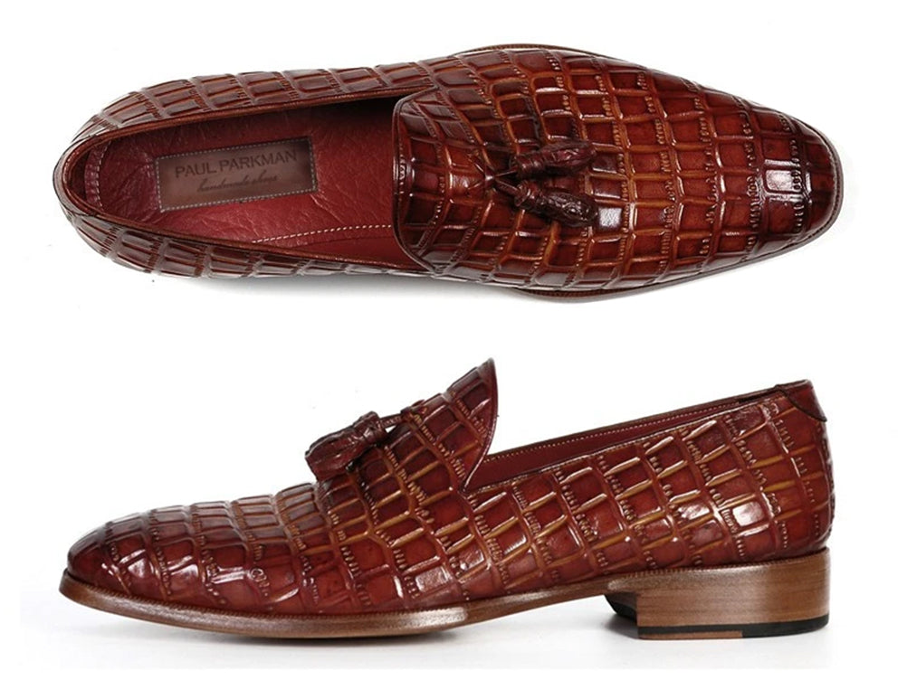 Image of Paul Parkman Brown Crocodile Embossed Calfskin Tassel Loafer from Edmene LLC