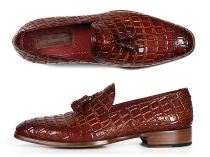 Image of Paul Parkman Brown Crocodile Embossed Calfskin Tassel Loafer from Edmene LLC