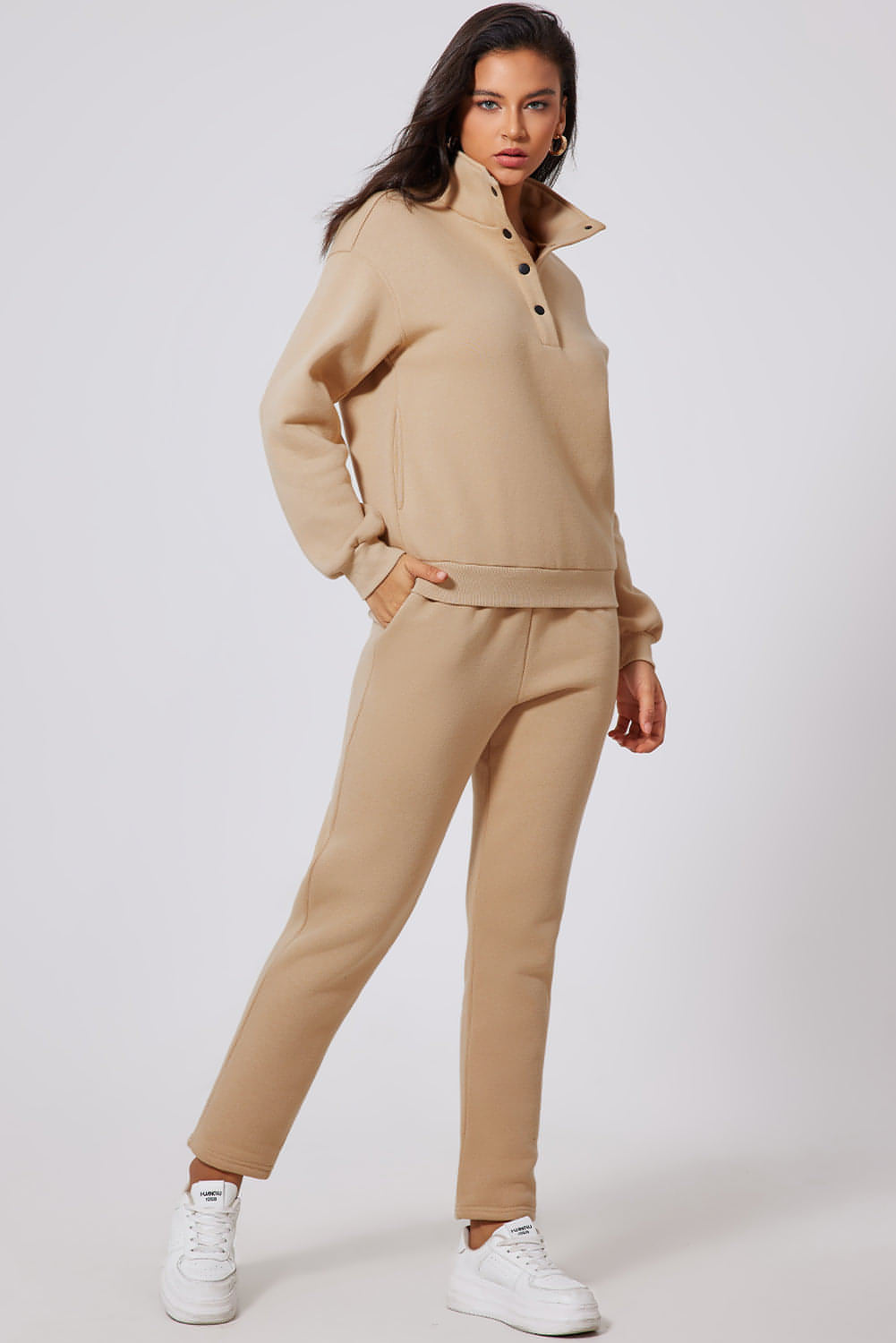 Image of Parchment Solid Half Button Sweatshirt And High Waist Sweatpants Set 15886501 from Edmene LLC