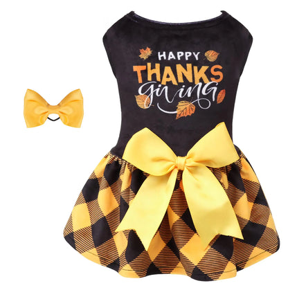CuteBone Happy Thanksgiving Day Dog Fall Dress Costume Velvet for Small Dogs Girl Puppy Dresses Yellow Plaid Dog Clothes CVA03XS-D