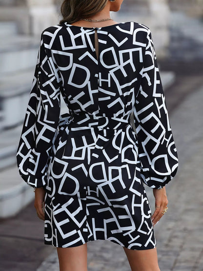 Image of Letter Print Balloon Sleeve Dress from Edmene LLC