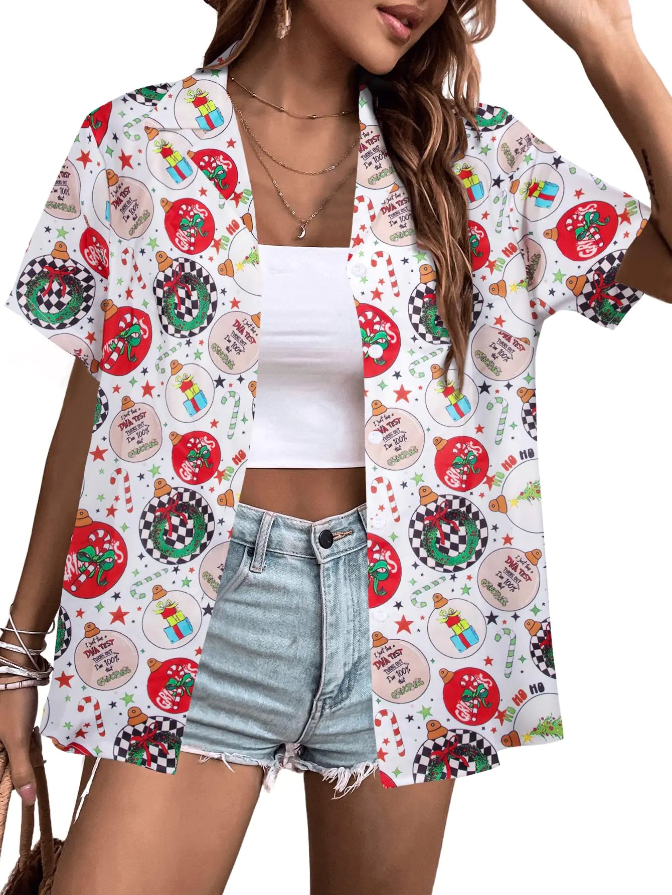 ASTANFY Christmas Shirts Women Hawaiian Christmas Button Down Shirt Funny Christmas Graphic Short Sleeve Button Up Tops