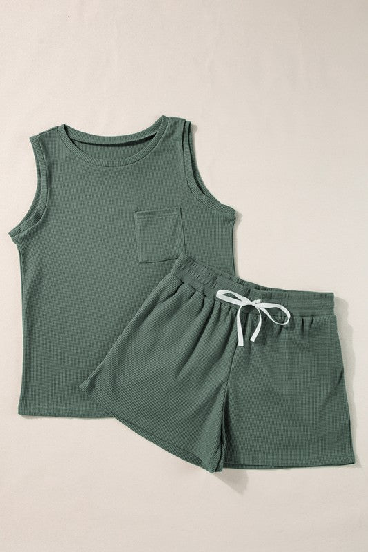 Image of Knit Patched Pocket Tank And Drawstring Shorts Set 102632270 from Edmene LLC