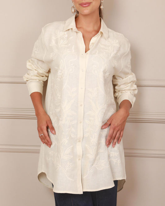 Beige Embroidery Detail Linen Top