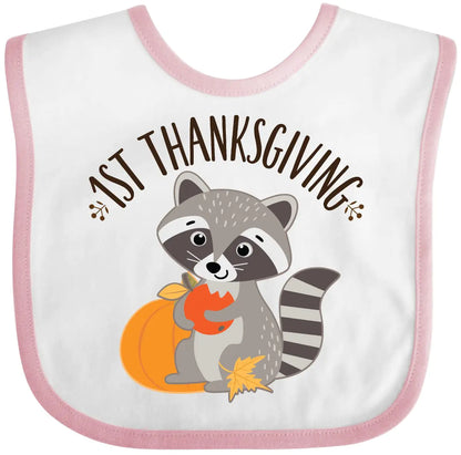 inktastic 1st Thanksgiving Holiday Raccoon Baby Bib White and Pink 2bf4c