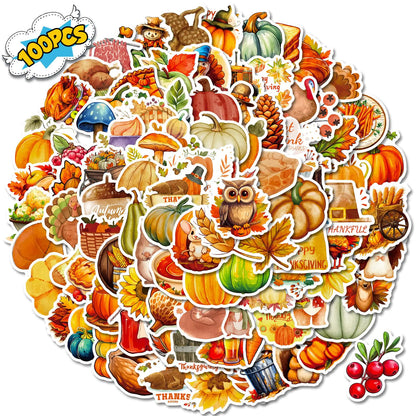 100PCS Fall Thanksgiving Stickers Bundle Fun Turkey Pumpkin Styles for Kids Premium Waterproof Vinyl for Water Bottle Decoration Card Crafts Scrapbooking and Harvest Celebrations