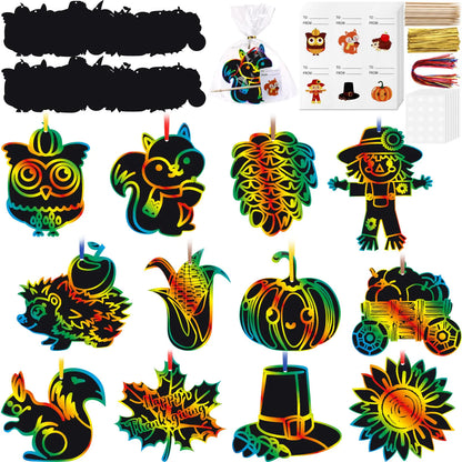 Kolldenn 96 Pcs Thanksgiving Scratch Paper Ornaments Scratch Off Cards Ornament Rainbow Art DIY Pumpkin Maple Leaves Sunflower Thanksgiving Scratch Off Paper for Kids Project Crafts Party Favors Gift