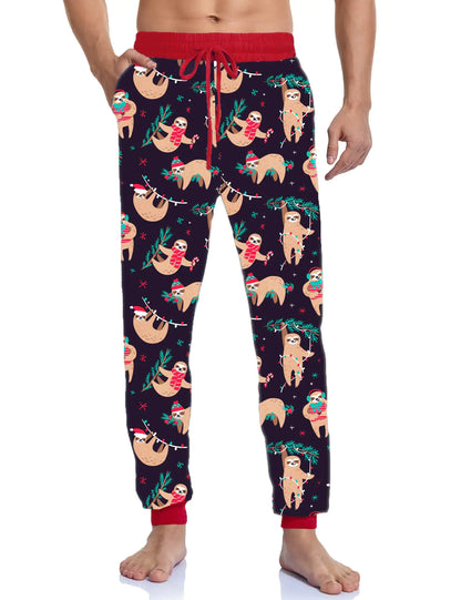 Christmas Pj Pants Men Sloth Print Red Christmas Pajamas Pants with Pockets Lounge Pants Men Christmas Pajama Bottoms