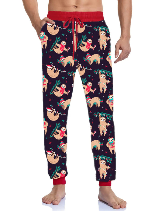 Christmas Pj Pants Men Sloth Print Red Christmas Pajamas Pants with Pockets Lounge Pants Men Christmas Pajama Bottoms