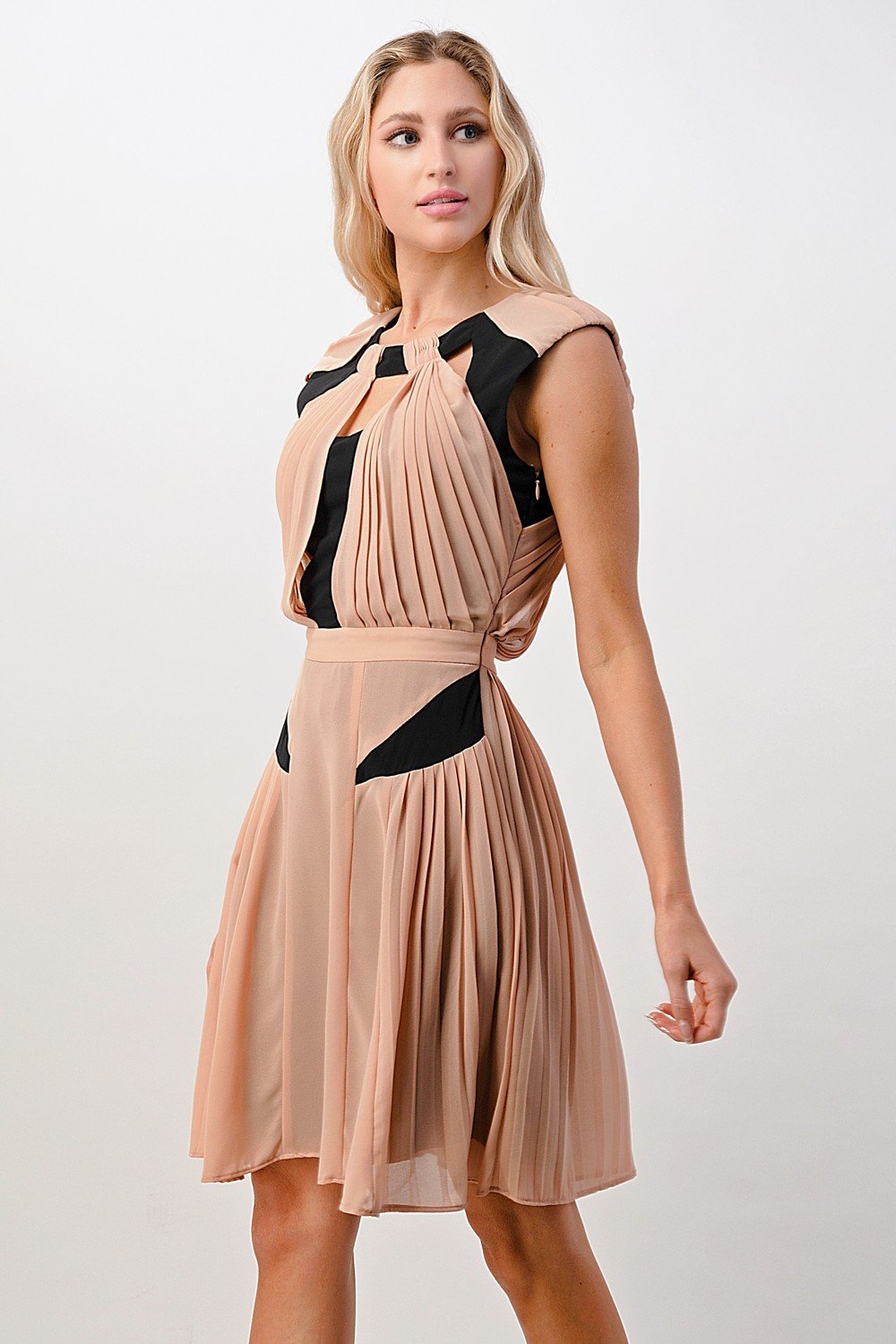 Image of Pleated Cutout Midi Dress With Contrast Panels 319125227 from Edmene LLC