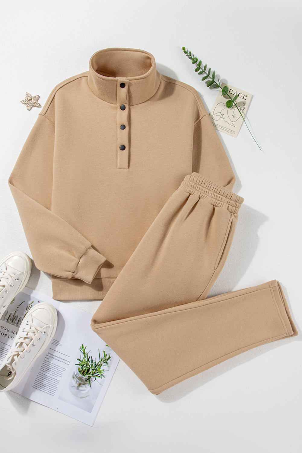 Image of Parchment Solid Half Button Sweatshirt And High Waist Sweatpants Set 15886501 from Edmene LLC