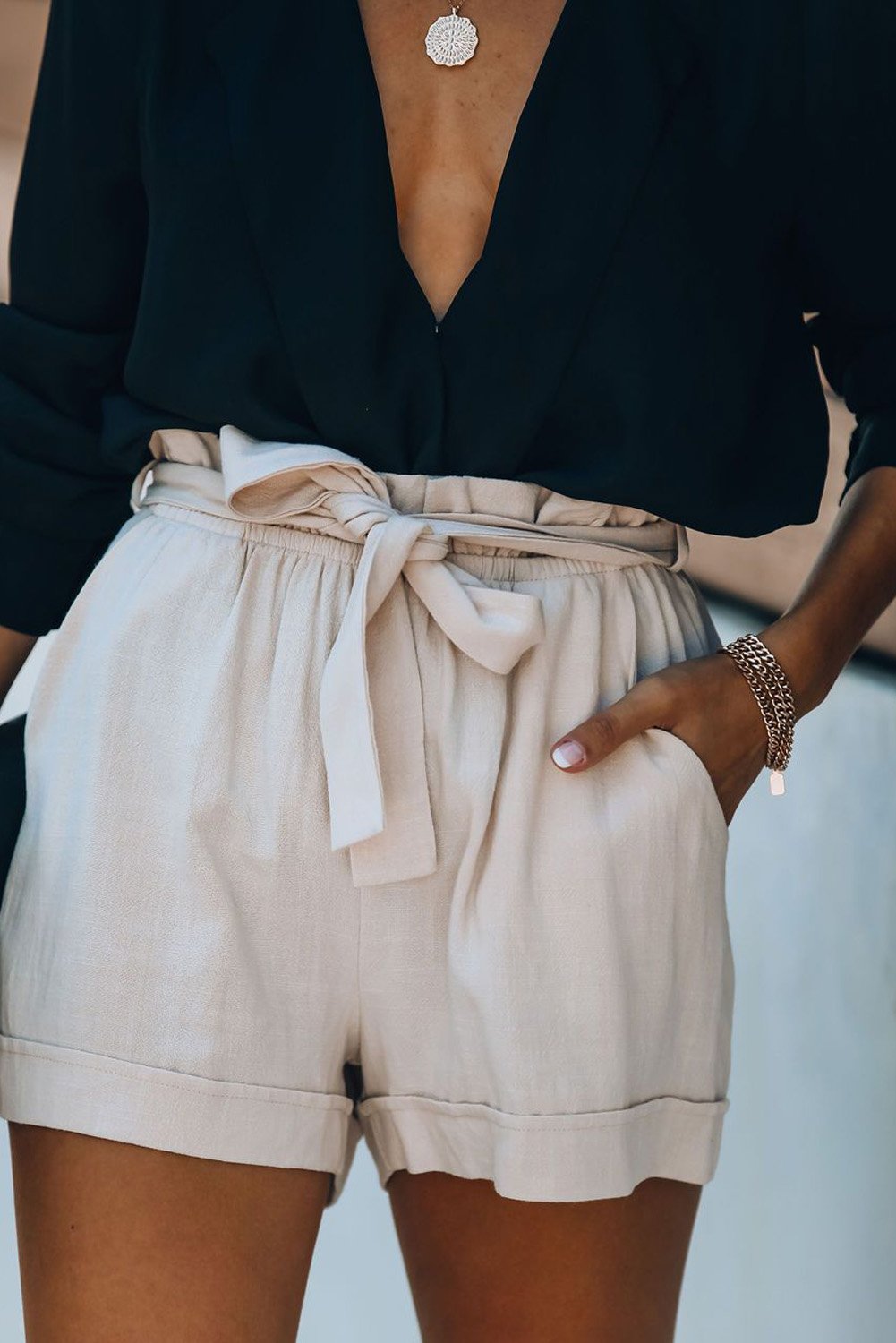 Image of Cotton Pocketed Paper Bag Waist Shorts 631683273 from Edmene LLC